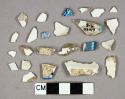 White lead glazed earthenware vessel body fragments, 3 rim fragments, white paste, 5 decorated with blue transferprint