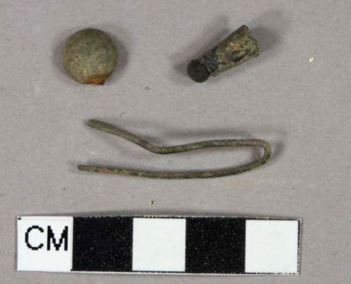 Cuprous alloy fragments, 1 wire fragment, 1 tack fragment, 1 Metal tip, possible lace aglet