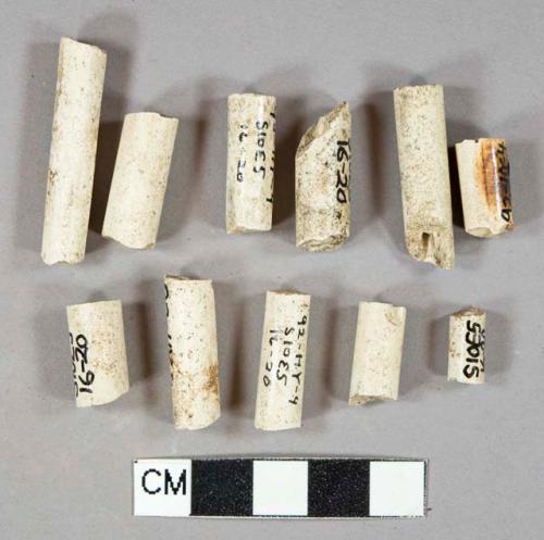 White kaolin pipe fragments, 10 bowl fragments, 51 stem fragments, 1 with 4/64" bore diameter, 39 with 5/64" bore diameter, 9 with 6/64" bore diameter, 1 with 7/64" bore diameter, all undecorated, 1 unidentified bone fragment, likely bird