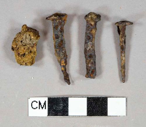 3 ferrous metal wrought nails, 1 unidentified ferrous metal fragment