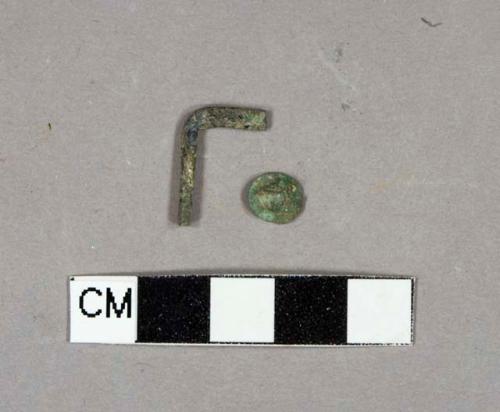 Cuprous alloy fragments, 1 unidentified, 1 likely buckle frame fragment