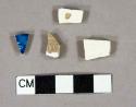 White lead glazed earthenware vessel body fragments, white paste, 1 fragments with blue transferprinted decoration