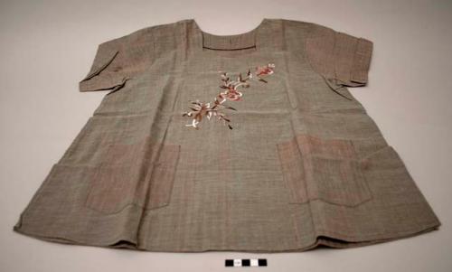Garment; gray with embroidered white, brown and pink trailing floral motifs