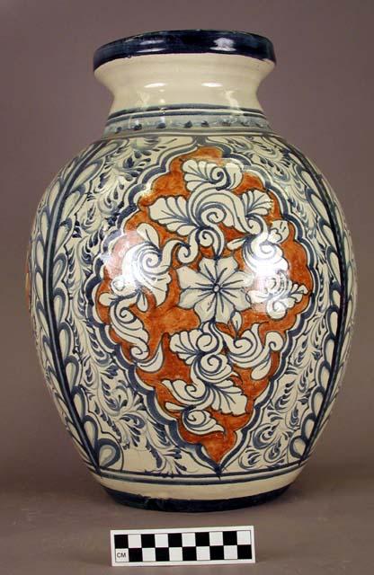 Ceramic jar, large, blue and orange on white, polished, flat base, flared rim