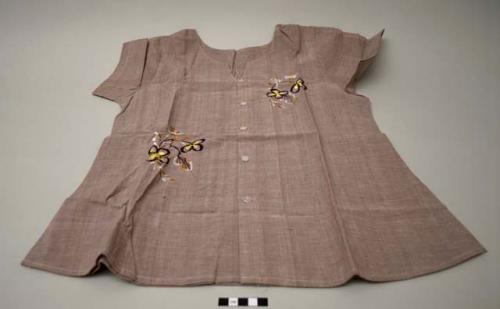 Shirt; brownish with embroidered purple, brown, yellow and white floral motifs