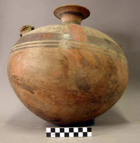 Ceramic vessel, polychrome, red paint inside flared neck, frog on shoulder.