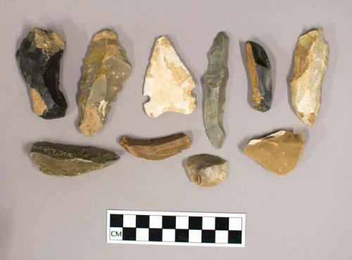 Chipped stone, including blades, blade cores, serrated blades, worked blades/flakes, scrapers, and a side-notched projectile point