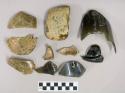 Pieces of bottle glass; One rim sherd, one basal, 8 body sherds; All of varying