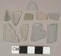 Glass, flat, clear (1), green (1), aqua (8) fragments