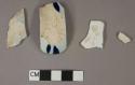 Ceramic, earthenware, pearlware, undecorated body sherds (2); hand painted blue and white, body sherd (1), handle fragment (1)