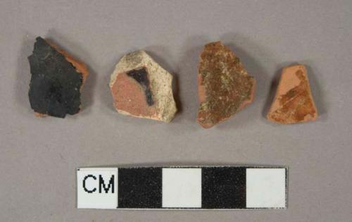 Ceramic, earthenware, black lead glaze, with red slip (1); redware, Buckley type (2), brown lead glazed (2); body sherds