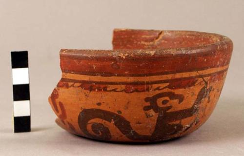 Yojoa polychrome pottery bowl, dimpled base- Bold Animalistic Type (restored)