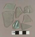 Aqua glass fragments, 9 flat glass, 28 vessel fragments