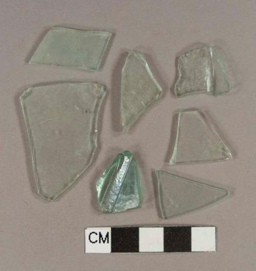 Aqua glass fragments, 9 flat glass, 28 vessel fragments