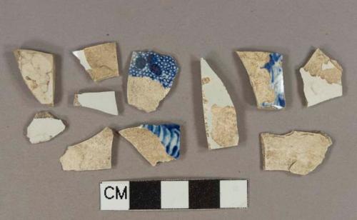 Pearlware vessel body fragments, 3 fragments with blue on white transferprinted decoration