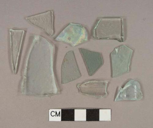 Aqua glass fragments, 9 vessel body fragments, 15 flat glass fragments