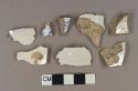 White lead glazed earthenware vessel body fragments, white paste, 3 fragments blue on white transferprinted decoration