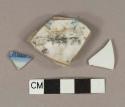 Blue on white transferprint decorated porcelain vessel body and 1 base fragments
