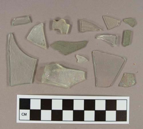 Light aqua flat glass fragments, 4 vessel body fragments