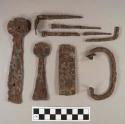 Ferrous metal hardware, 3 hinge fragments, 1 drawer pull, 1 screw, 3 square cut nails, 1 bracket, 6 unidentified fragments