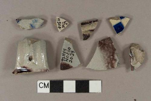 2 cobalt blue and 5 purple lead glaze gray salt-glazed stoneware Westerwald type, body fragments, gray paste
