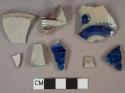 Cobalt lead glaze and gray salt glazed Westerwald stoneware vessel body fragments, 1 purple lead glazed fragment