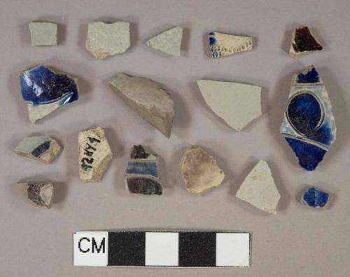 Cobalt blue, 2 purple, lead glaze gray salt-glazed stoneware Westerwald type, body fragments, gray paste