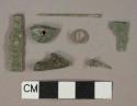 Cuprous alloy fragments, 4 unidentified fragments, 1 coiled wire fragment, 1 tack, 1 straight pin