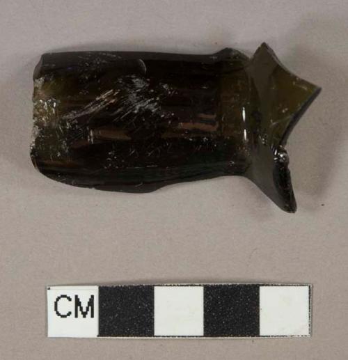 Dark olive green glass bottle neck and shoulder fragment