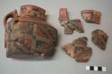 Partial vessel and fragments of Pucara polychrome pottery quadrilateral jar