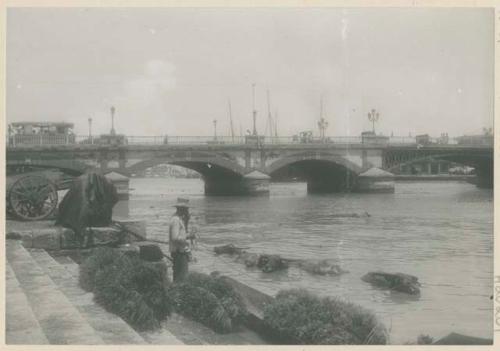 View above Bridge of Spain, bathing carabaos