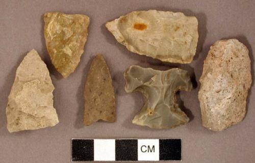 Chipped stone, projectile points, triangular and lanceolate, and projectile point fragment, corner-notched; chipped stone, scraper