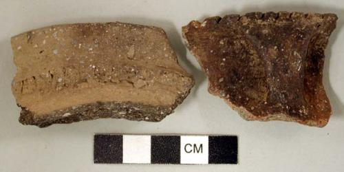 Ceramic, earthenware rim sherds, one with handle and incised rim and undecorated body, one with incised ridge around rim, shell-tempered