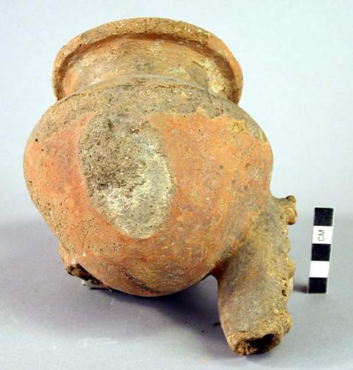 Red ware pottery tripod bowl with 2 legs broken