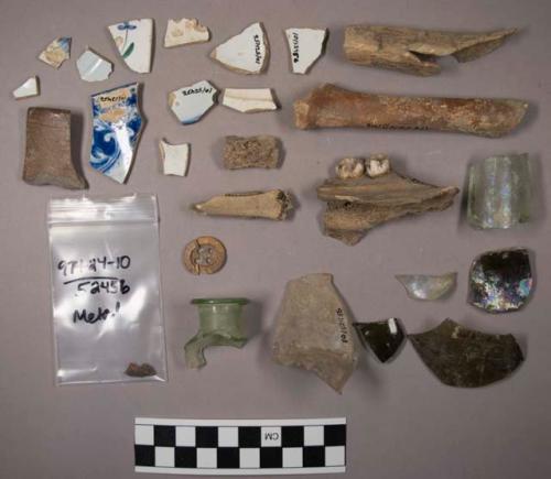 Bone, glass fragments; china fragments; belt buckle. button