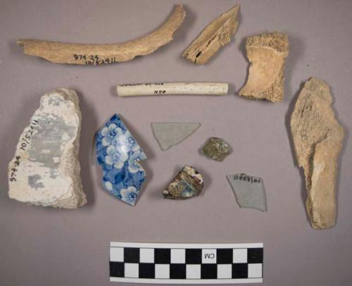 China, bone, pipe fragments, button, and glass