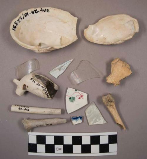 Ceramic, kaolin pipe fragments, shell, bone & glass fragments