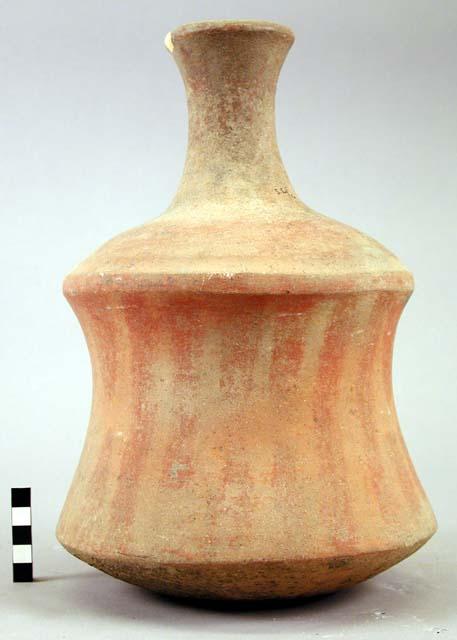 Large whole pottery bottle-vertical red  stripes on concave body