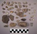 12 pieces bone; 115 chips stone; 25 pieces quartz (some non-quartz); 1 possible