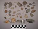 Approx. 165 misc. stone chips (incl. shale); approx. 75 quartz chips; large ston