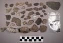 Glass, pottery, stone fragments, pottery sherds, 1 biface fragment, 1 chipping w