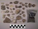 Bag charcoal bits; 18 potsherds; piece of charred bone; approx. 90 stone chips a