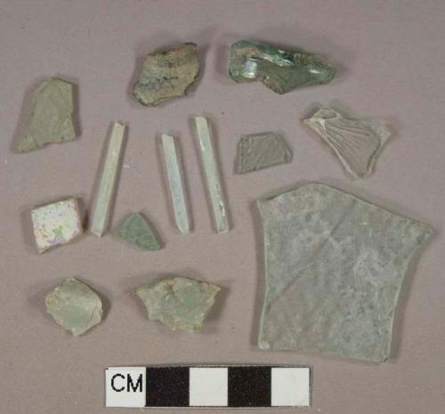 Aqua glass fragments, 5 vessel fragments, 8 flat glass fragments