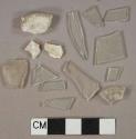 Colorless glass fragments, 9 flat glass fragments, 6 vessel glass fragments