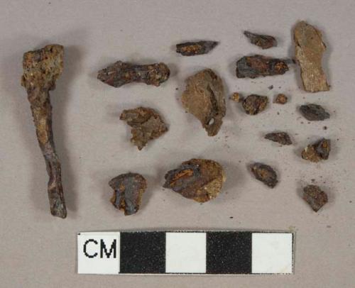 Ferrous metal nail fragments, 3 undentifed fragments