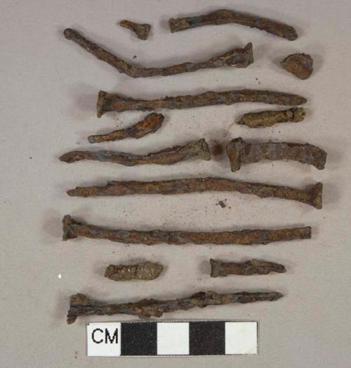 Ferrous metal nail fragments, 1 loop hook, 3 unidentified