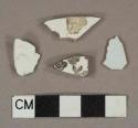 White lead glazed earthenware vessel body fragments, white paste, 1 fragment with black transferprint decoration