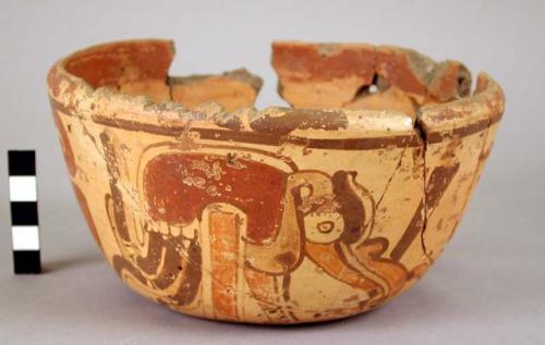 Yojoa polychrome pottery bowl, dimpled base - Bold Animalistic Type (restored)