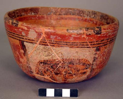 Ceramic bowl, polychrome, dimple base, animal motif, mended, reconstructed