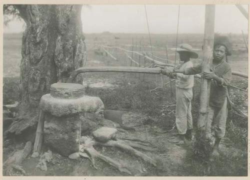 Men grinding rice with mill to make flour